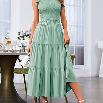 2025 New Fashion Women's One-shoulder Pleated Layered Hem Split Dress