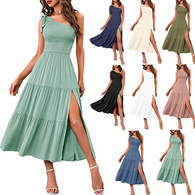 2025 New Fashion Women's One-shoulder Pleated Layered Hem Split Dress