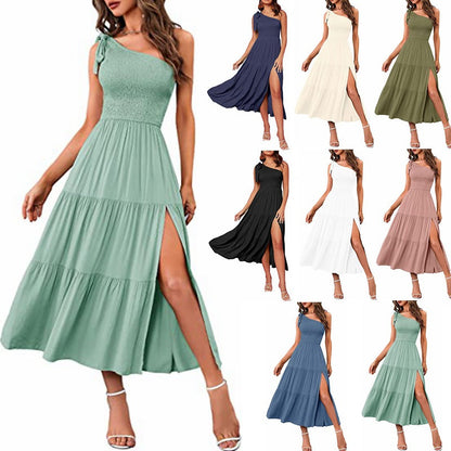 2025 New Fashion Women's One-shoulder Pleated Layered Hem Split Dress